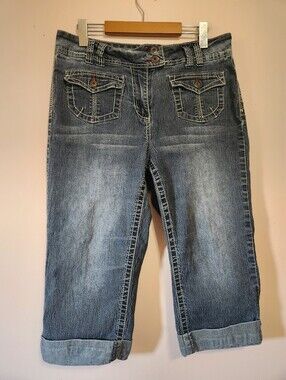 Vintage Y2K Contrast Stitch Denim Capris Flap Pocket Cuffed Crop Jeans Size 14